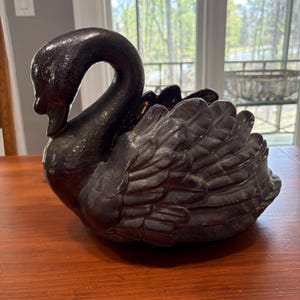 Vintage Metal Swan Planter 10" H by 14" L centerpiece table decor circa 1970s MCM bronze black gloss metallic