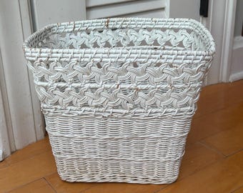 White Wicker Wastebasket rectangular trashcan mid-century trash can bathroom / bedroom size MCM grandmillennial