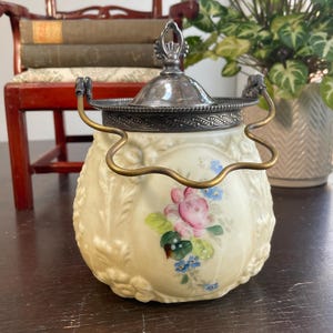 Antique Mount Washington Biscuit Jar circa 1890s Victorian satin glass Mt Washington Glass Co cookie jar biscuit barrel cracker jar