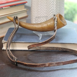 May include: A vintage, curved horn with a leather strap, likely used for carrying or signaling. The horn is a light brown color and is suspended above a blue book. The strap is a darker brown and appears worn.