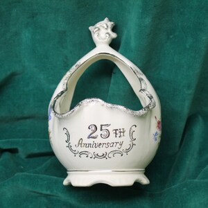 Norleans Japan Porcelain 25th Anniversary Basket, cukierniczka, srebrna rocznica, zabytkowa porcelanowa miska, dekoracja kwiatowa