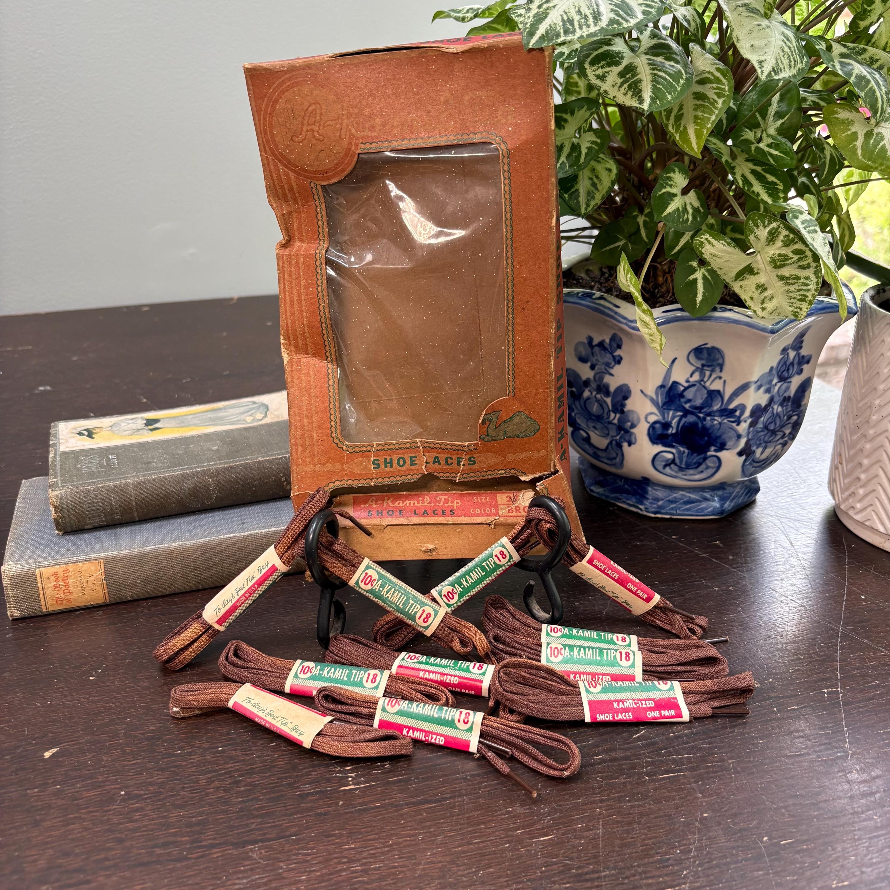 11 Pairs Kamil-Tip 1930s Shoelaces mercerized cotton brown 18" laces with original packaging for costume designers historical reenactors