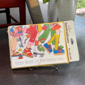 1970s Party Invites "Step Right Up for Party Fun!" hippie platform shoes skates skateboard patches by Hallmark five 5 invites in package