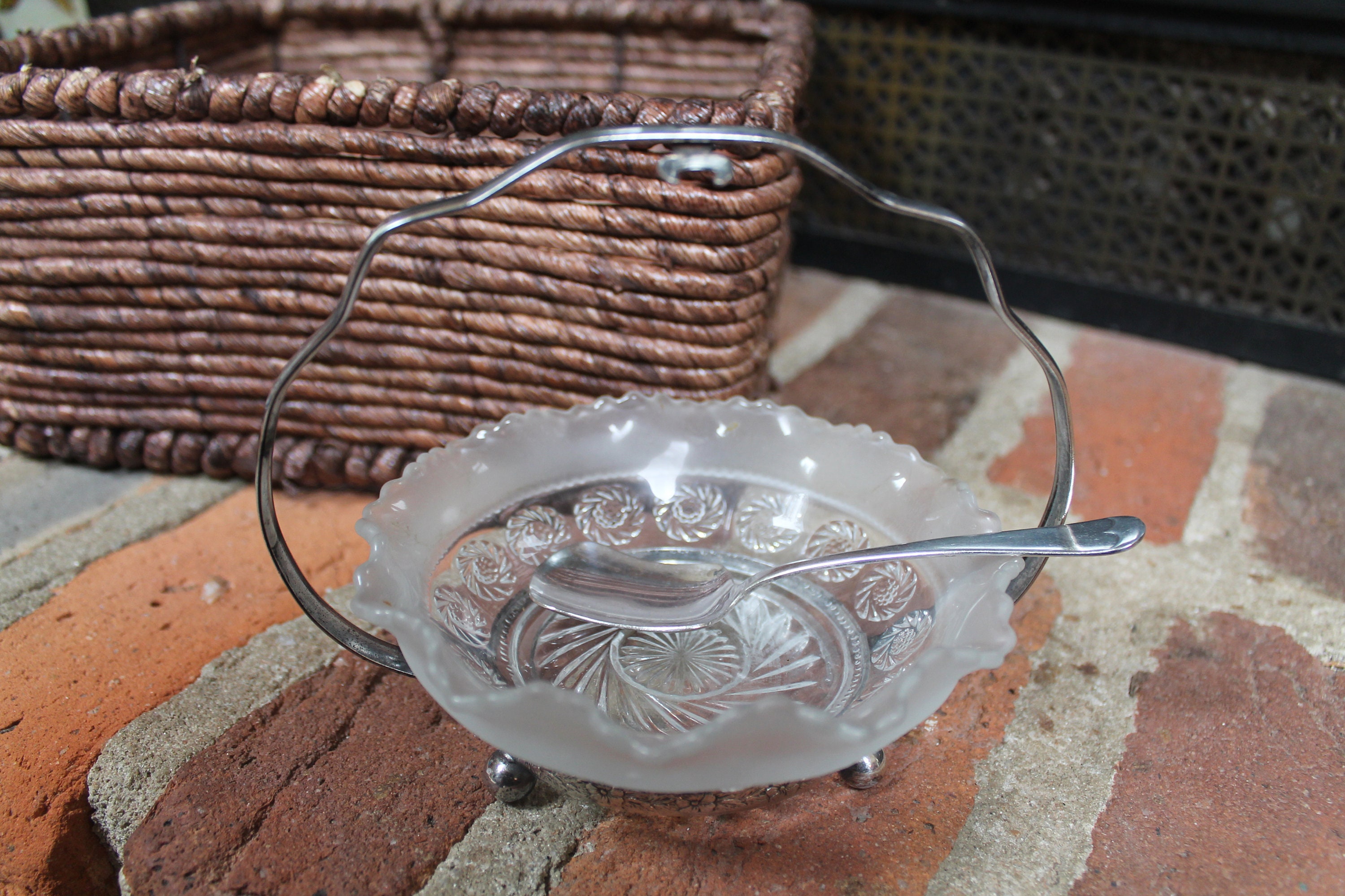 Relish Dish with Handle & Spoon early pressed glass and EPNS Etsy