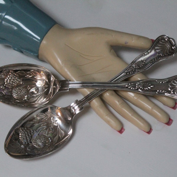 WA Sheffield Serving Spoons Kings Pattern two 2 embossed fruit design silverplated casserole spoons