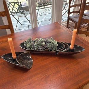 1950's Gilner Pottery 3 Piece Console Set Mid Century Modern Ceramics black & gold MCM design torpedo shape