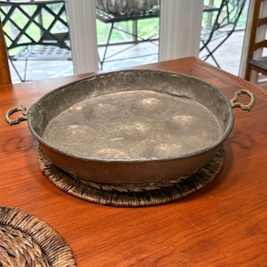 French Copper Escargot Pan w/ brass handles genuine vintage dents & patina - egg poaching pan 14"