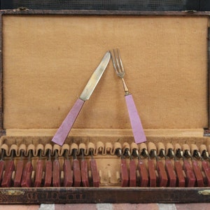 Antique Knife & Fork Set 24-pc service for 12 w/ red Bakelite handles in original box cocktail set, fish set, French, fruit knives forks