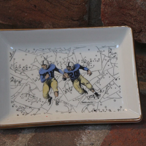 Hickok Dresser Tray football design by WS Ricketts hand colored heavy ceramic cufflink dish for watch jewelry etc