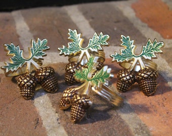 Metal Oak Leaf & Acorn Napkin Rings four 4 napkin rings for fall thanksgiving cabin mountain house nature leaves