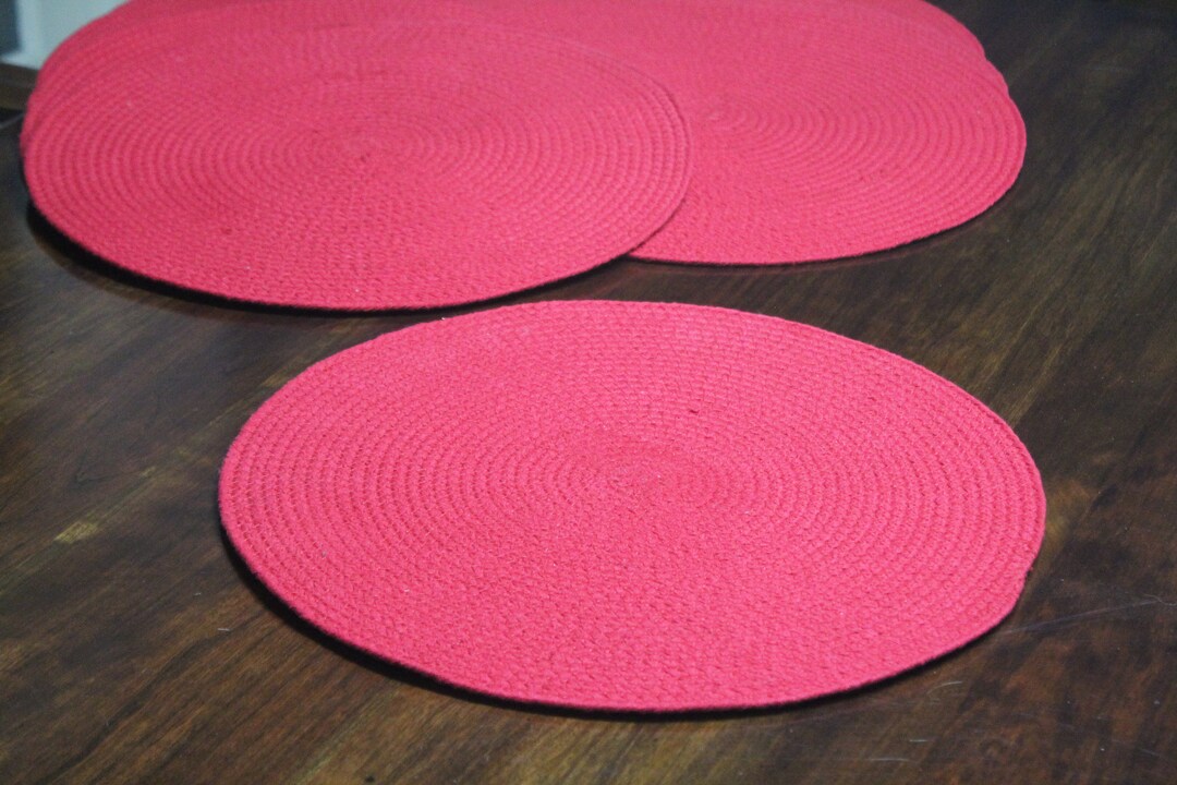 Eight 8 Braided Jute Round Placemats Deep Red Braided Nubby Etsy
