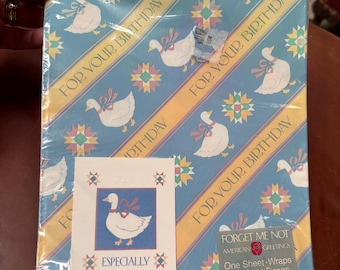 Papel de embrulho Geese anos 80, nunca usado, na embalagem Forget Me Not American Greetings, linha 1 folha, 8,33 pés quadrados - colcha de ganso para aniversário