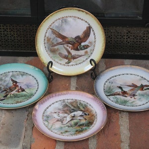 Four 4 IMPERIAL Germany Porcelain Bird Plates hand painted vintage game bird designs circa 1930s pheasant heron duck hoopoe
