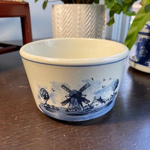 Delft Blue Bowl delfts blauw planter w/ hand painted windmill & sailboat designs made in Holland
