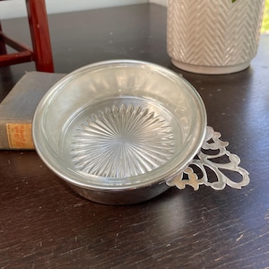 K & M Silver Bottle Coaster w/ glass insert porringer style silverplated wine bottle holder barware gift for wine lover