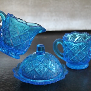 Westmoreland Thumbelina Child's Set sugar creamer & butter dish in Sapphire Blue vintage pressed pattern glass EAPG