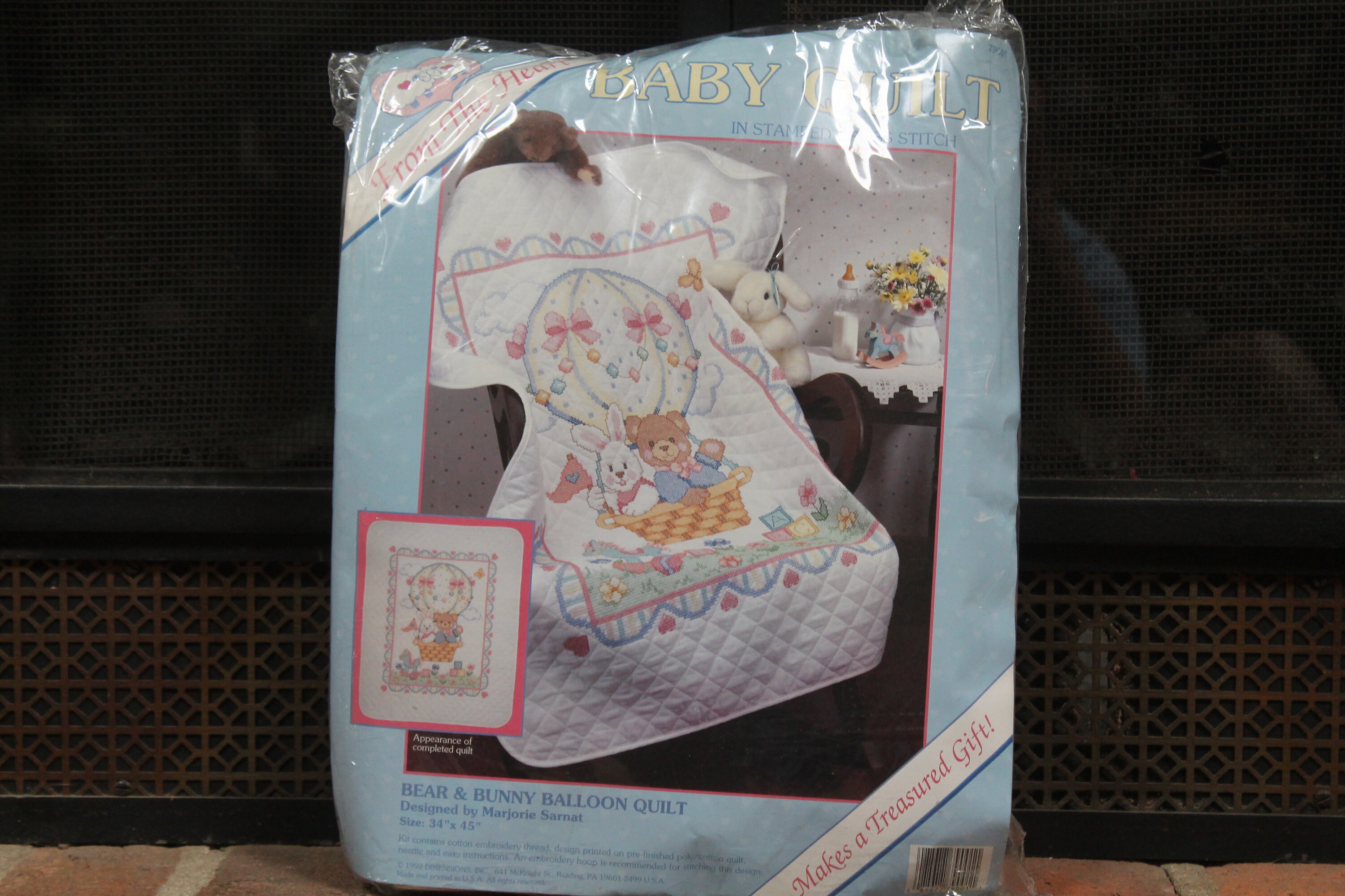 VINTAGE Janlynn Fly Away Bunny Crib Cover Baby Quilt Stamped Cross Stitch  Kit 