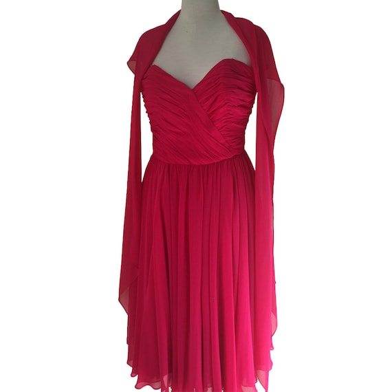 1950's Hot Pink Chiffon Strapless Formal Dress Coc