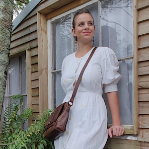 1980&#39;s White Dress with Buttoned up  , Cotton Peasant Style vintage dress