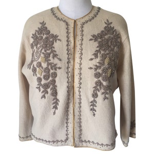 1950&#39;s Vintage Beaded Beige Cardigan, Fully lined and Button up