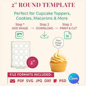 2-Zoll-runde Topper-Vorlage — Bearbeitbar in Canva — Kreisetikett für Cupcakes, Kekse, Tags & Aufkleber — A4-PDF-Blatt