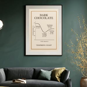 May include: A framed print titled "DARK CHOCOLATE TEMPERING CHART" with a graph showing temperature and time. The chart details melting, cooling, and working ranges in Celsius. The frame is black, and the background is a dark teal.