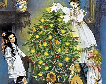 Family Decorating CHRISTMAS Tree Children Watch Mother Put Star on Top VINTAGE 1979 MATTED Picture Candles on Tree Victorian Dress