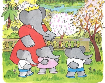 Babar Story - Queen Celeste w- Elephant Children in Park - 1973 Vintage MATTED Picture in Hand Beveled Mat Board Standard or Custom Size