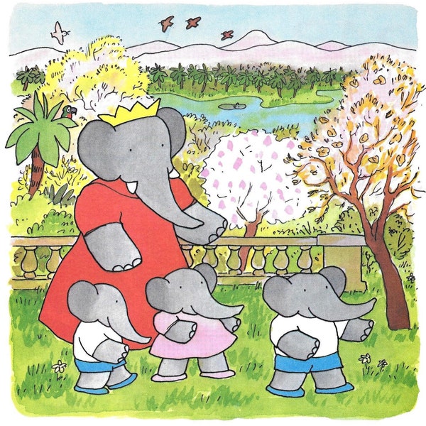 Babar Story - Queen Celeste w- Elephant Children in Park - 1973 Vintage MATTED Picture in Hand Beveled Mat Board Standard or Custom Size