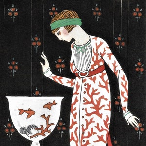 Art Deco French FASHION Plate - Young Woman in Coral Silk Dress by Gold Fish Bowl  - 1988 Vintage MATTED Picture in Hand Bevel Cut Mat Board