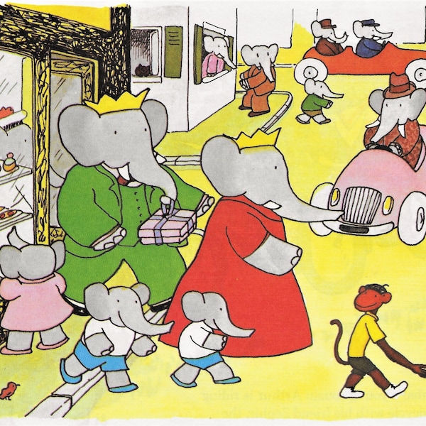 BABAR, Celest, Elephant Children & Monkey Friend - 1973 Vintage MATTED, or not matted, Picture in Hand Beveled Mat Board Size Choices