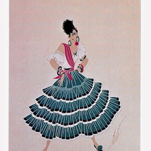 Erte - 1978 Carmen Gypsy Opera Diseño de vestuario MATTED Art Deco Print Mujer Bailarina Flor en Boca Tamaño Estándar Imagen Mate Listo para Enmarcar