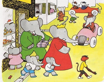 BABAR, Celest, Elephant Children & Monkey Friend - 1973 Vintage MATTED, or not matted, Picture in Hand Beveled Mat Board Size Choices