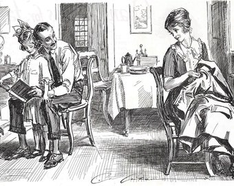 Charles Dana Gibson - Family Together Time with Puppy Reading Sewing Vintage 1922 MATTED Print Standard Size Matted Picture Ready to Frame