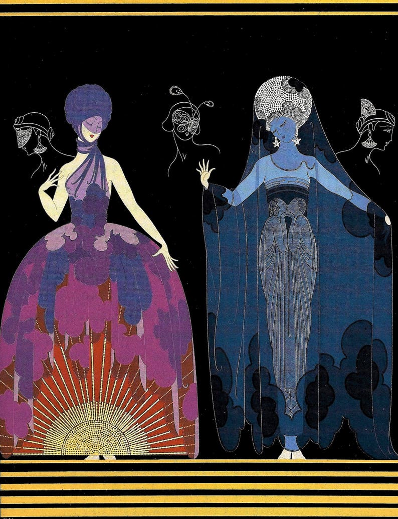 Erte 1987 Lovely Women In Evening /& Night Fancy Gown Dress MATTED Art Deco Fashion Print Professionally Matted Picture Ready to Frame