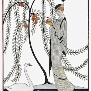 Young Woman with Golden Apples & SWAN - 1988 Vintage Picture of French Fashion Clothes MATTED, or not matted