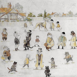 Vintage Matted 1957 Print of a Group of EDWARDIAN Cats at Greyhound Dog Racing done by Louis Wain Wearing Top Hats and Overcoats
