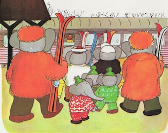 BABAR & Elephants Board Train for Skiing -  ORIGINAL 1973 Vintage Picture - MATTED or No Mat