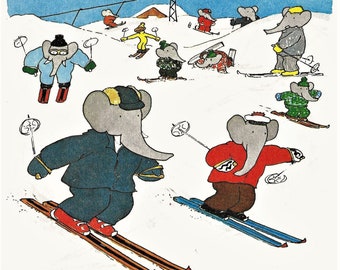 BABAR the Elephant & Arthur Down Hill Skiing - 1973 Vintage MATTED Picture in Hand Beveled Mat Board Standard or Custom Size
