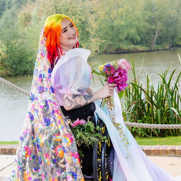 Beautiful rainbow sequin veil. Colourful alternative bridal veil. Xanthe.