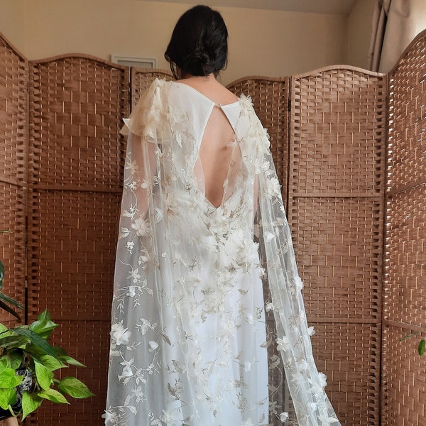 Embroidered floral veil or cape with chiffon flowers and metallic thread. Alternative bridal veil.  Fabric is called 'Chiffon Dreams'