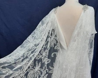 White floral sequin wedding cape.  Floral bridal cape, veil alternative. White wedding cape.