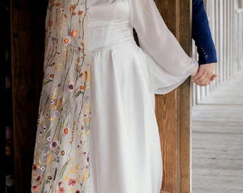 Orange Wildflower Embroidered Wedding Veil, Floral Bridal Veil