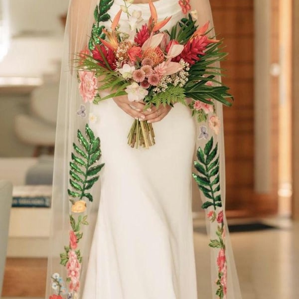 Embroidered Floral Wedding Veil: Colorful Paradise Bridal Veil