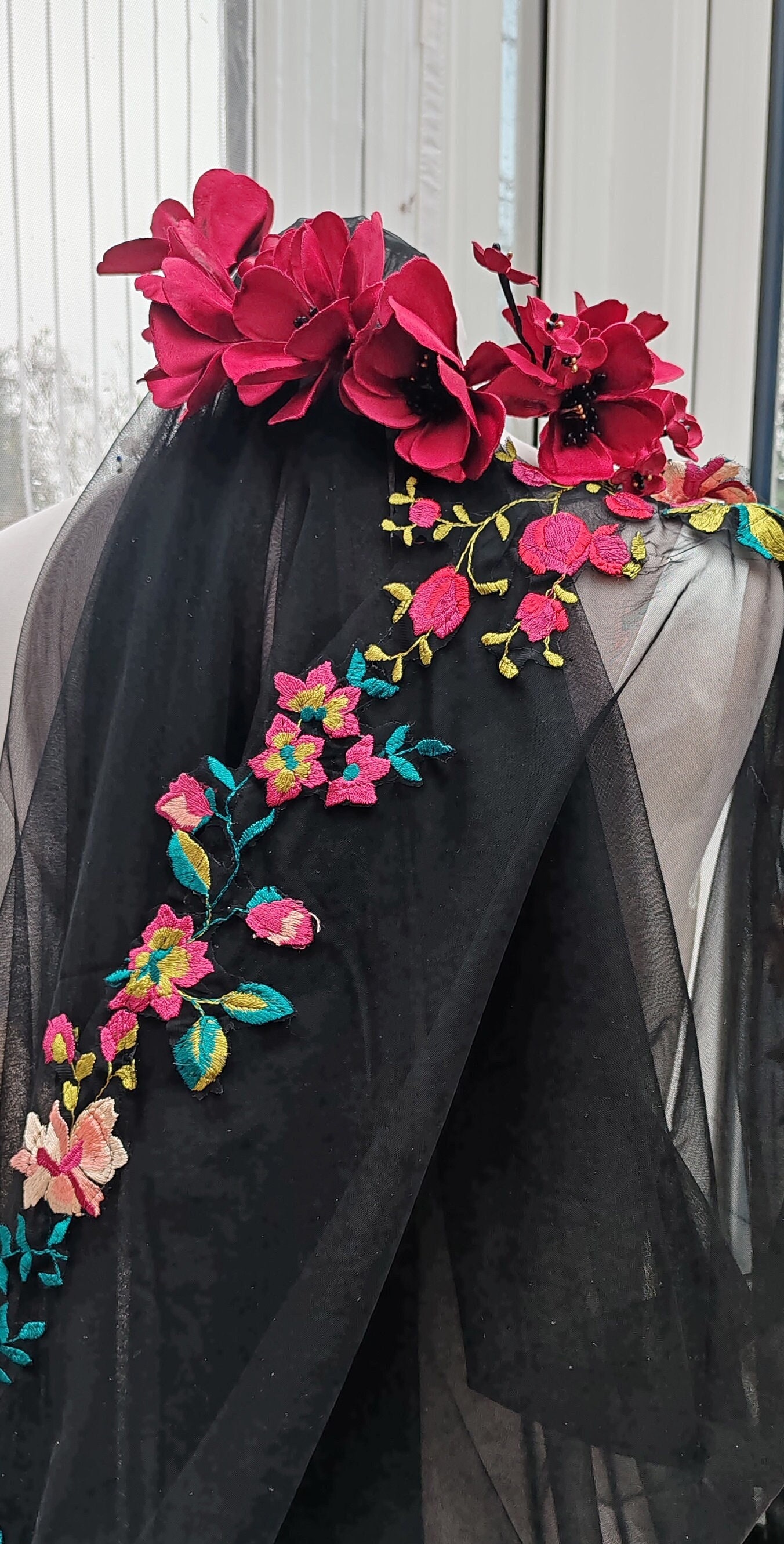 Embroidered and nearly 40 plus inches of veil in black and colorful flowers ? Wildflowers Hand-Painted Cathedral Veil – Nymf by Collette main image 4