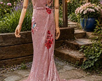 Pink sequin floral embroidered dress. Alternative wedding or prom dress. Sequin rose pink dress. Detachable sleeves.