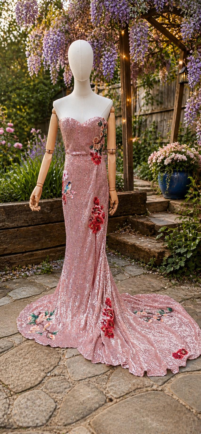 Pink Sequin Floral Dress