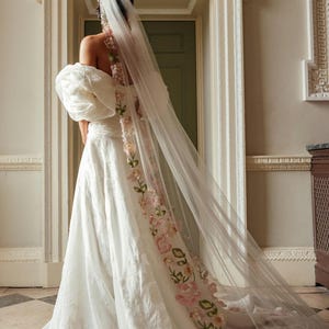 Pink floral veil &#39;Evelyn&#39; / sequin floral veil with embroidered flowers / alternative bridal veil / beaded pastel wedding veil.