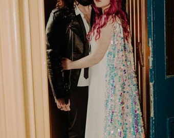 Iridescent Sequin Bridal Cape: Aurora Pastel Wedding Wear