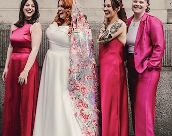 Pink floral sequin veil. Colourful alternative bridal veil. Valentina.